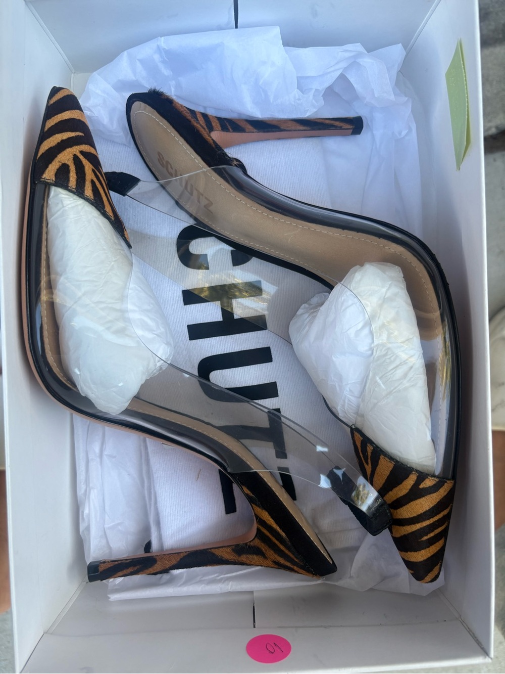 SCHUTZ Zebra-Print Black and Brown Pointed Toe Clear Panel Stiletto Heels - Picture 3 of 8